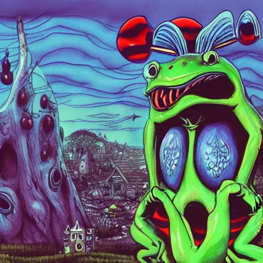 Prompt: A centered chest up portrait of a psychedelic demonic anthropomorphic frog smoking a hand-rolled cigarette smoking heavily , magic mushroom village in background . award winning. superb resolution. in the art style of junji Ito and greg rutkowski . Detailed Mushroom city in background. Hyper realistic anime. Perfect art. Dalle2