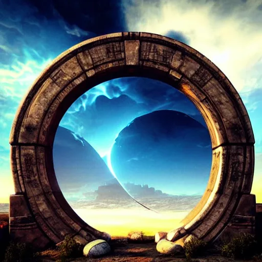 Image similar to stargate made of stone that form a circle, cinematic view, epic sky by android jones