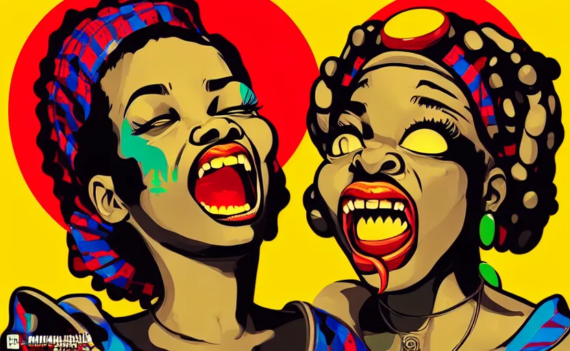 Image similar to mama africa laugh at her child!!! pop art, pixel, bioshock, gta chinatown, artgerm, richard hamilton, mimmo rottela, julian opie, aya takano, intricate, sharp focus, concept art, smooth