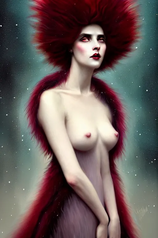 Image similar to Nocturne, glowing, stars, a portrait of a shadow monster hybrid woman with long fur and a feathered collar, highly detailed, mysterious, ethereal, dressed in red velvet, haute couture, illustration, dramatic lighting, soft details, painting, by Edmund Blair Leighton, Brom, Charlie Bowater, trending on artstation, faces by Tom Bagshaw, otto schmidt