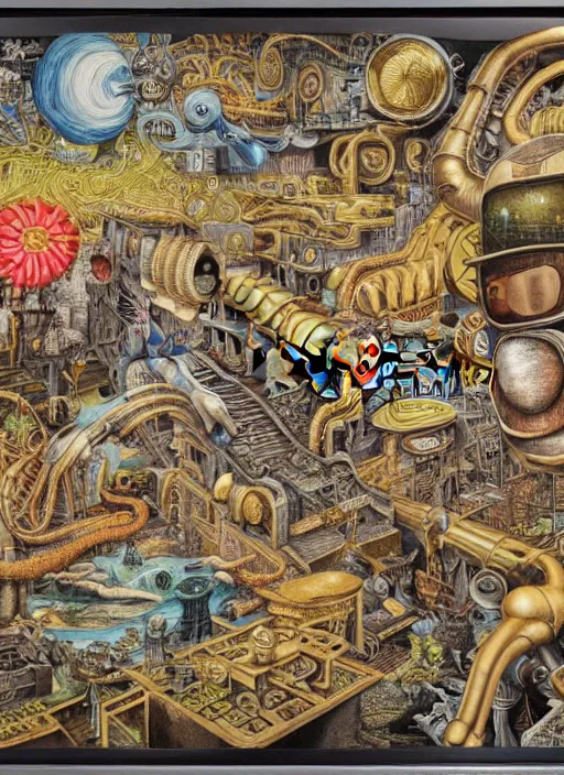 Prompt: epic mural of technological change through history by marcus akinlana, amanita, aztec, mycelium, melting, slime, basil wolverton, mc escher, dali, picasso, hr giger, wheres waldo, cybernetic river of transformation, vibrant but muted colors, gold flake, tin foiling, sparse collage