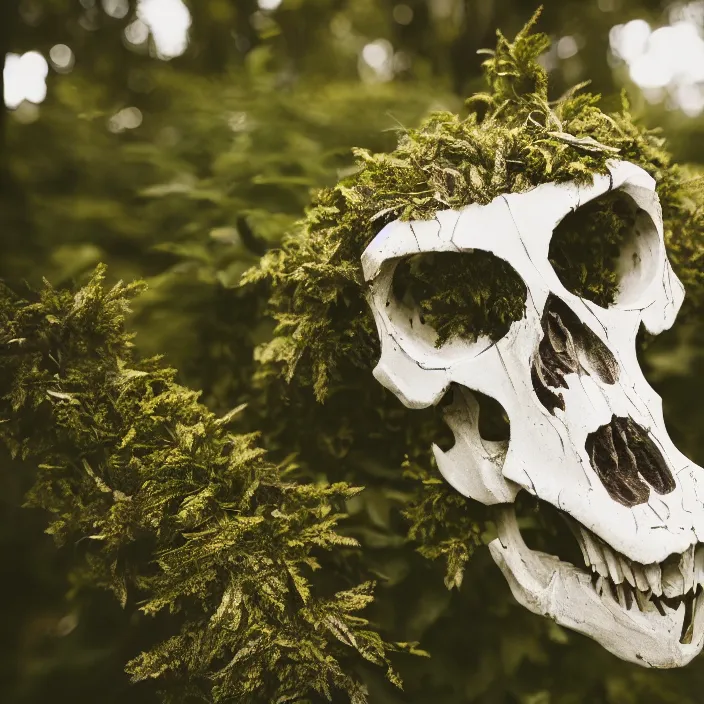 Prompt: overgrown foliage taking over a realistic wolf skull, close - up, 3 5 mm, f 1. 8, bokeh, beautiful, lens flare, emotional, sweet, flowers, detailed, picture, artstation, award - winning