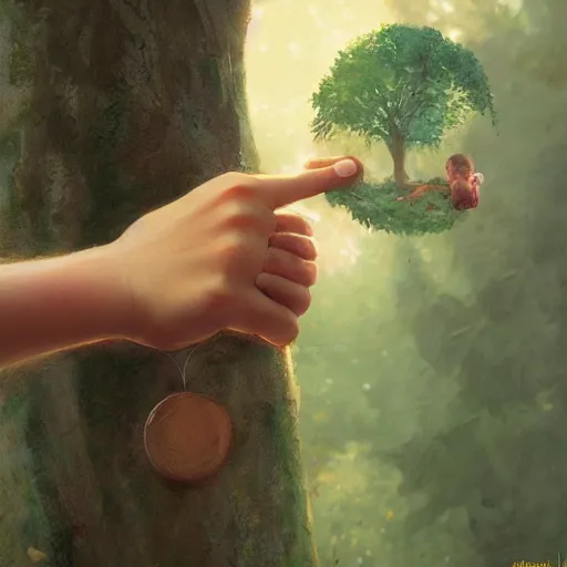 Prompt: close up of child's hand attaching a circle - shaped sticker to a tree, digital art by ruan jia and mandy jurgens and artgerm, highly detailed, trending on artstation, award winning