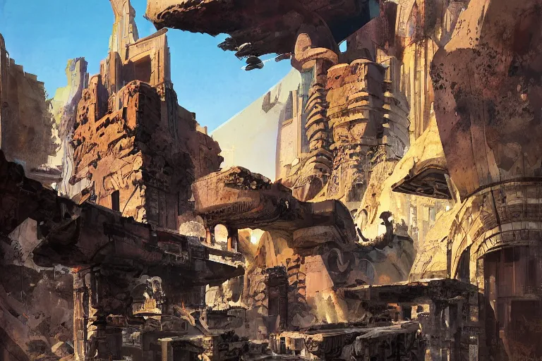 Prompt: an architectural painting of stray wild animals roaming among the ruins of an archaic city of ancient persia looming above a canyon by syd mead and frank frazetta and james gilleard in the style of hugh ferriss, ancient persian architrcture by hugh ferriss and peter mohrbacher