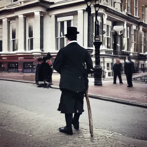 Image similar to 1850s Victorian chimney sweeper walking down the street in London, photo taken with an iPhone, HD