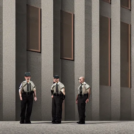 Prompt: ( ( beige ) ) uniform and caps zombie security officers ( background brutalist concrete office ) trending on artstation very high detail digital painting 4 k 8 k hd accurate