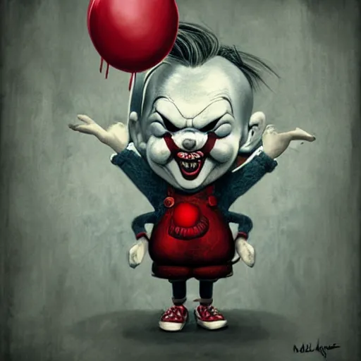 Prompt: surrealism grunge cartoon portrait sketch of a cold hand with a wide smile and a red balloon by - michael karcz, loony toons style, pennywise style, chucky style, horror theme, detailed, elegant, intricate