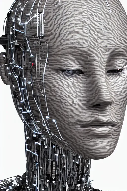 Image similar to robot with human face, female head, full body angle, woman human face, human face realistic, beautiful blonde hair, human head, human head with blonde hair, blonde hair human head, blonde hair, human realistic face, human head skin, cyborg frame concept, cyborg by ales-kotnik, sci-fi android female, the body is made of wires, robotic body, cyborg body, cyborg bust body, robot body cyborg, full body