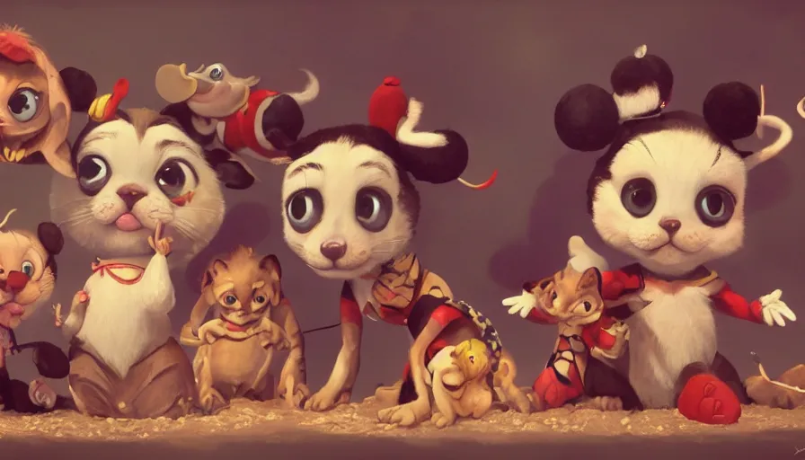 Image similar to very very very cute circus performers, baby creatures, character design for animation, 3d render, big disney eyes, max kostenko, bobby chiu, symmetrical eyes, cuteness, a lineup of characters, Trending on Artstation, oil on Canvas by Bobby Chiu and Norman Rockwell, octane render, 4k, 8k, HD
