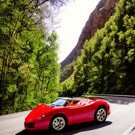 Image similar to red barchetta driving up a mountain with trees on both sides of the road, cinematic, beautiful