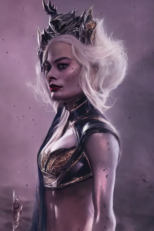 Prompt: a fancy portrait of Margot Robbie as lady death its self by Greg Rutkowski, Sung Choi, Mitchell Mohrhauser, Maciej Kuciara, Johnson Ting, Maxim Verehin, Peter Konig, final fantasy, mythical, macro lens, 35mm, 8k photorealistic, cinematic lighting, HD, high details, atmospheric,