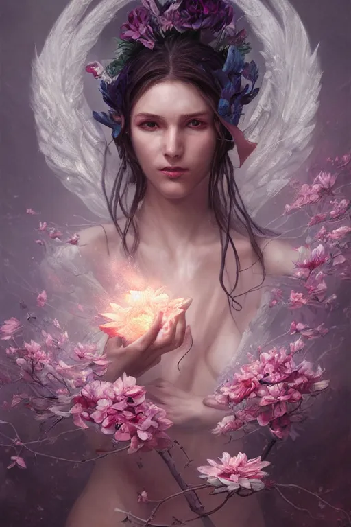 Image similar to portrait of a beautiful elf casting magic spell holding flowers, angel, fantasy, dramatic lighting, highly detailed, digital painting, holding electricity, magic the gathering, hyper detailed, 3 d render, hyper realistic detailed portrait, peter mohrbacher, wlop, ruan jia