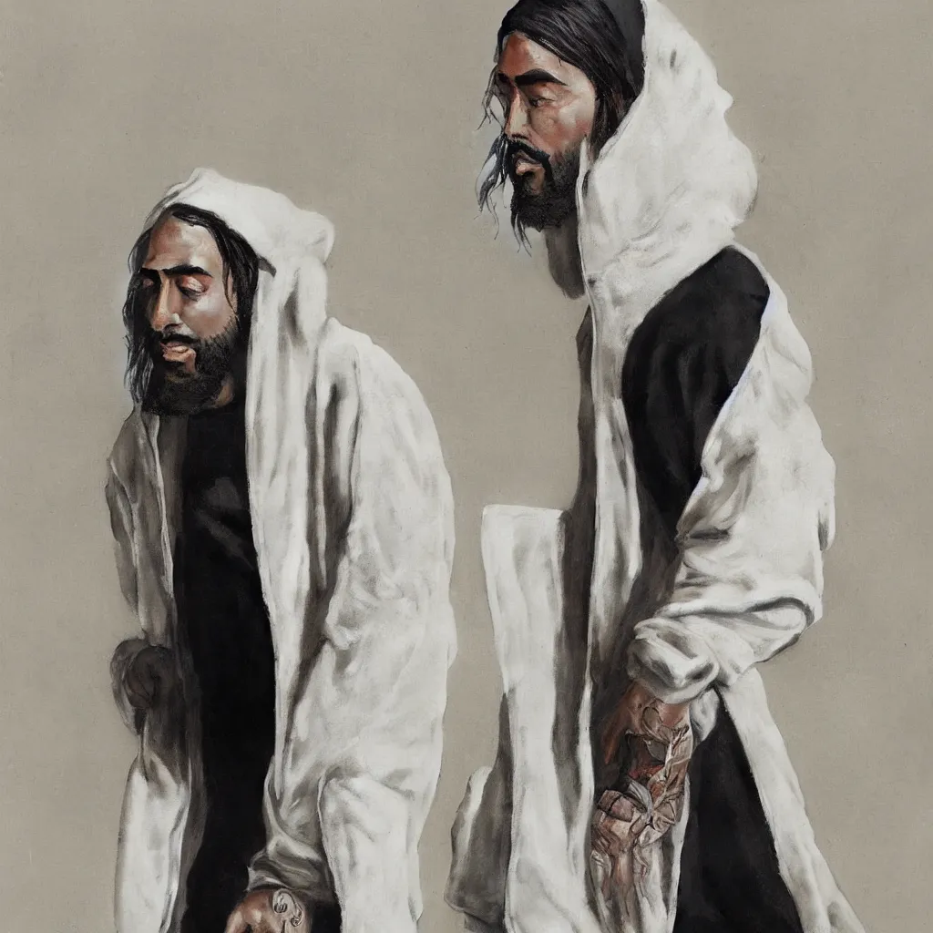 Prompt: a full body lookbook portrait of modern - day jesus wearing cream jerry lorenzo fear of god menswear collection by nicola samori, hat and hoodie, detailed, oil painting, hyper realistic, 8 k, yeezy collection