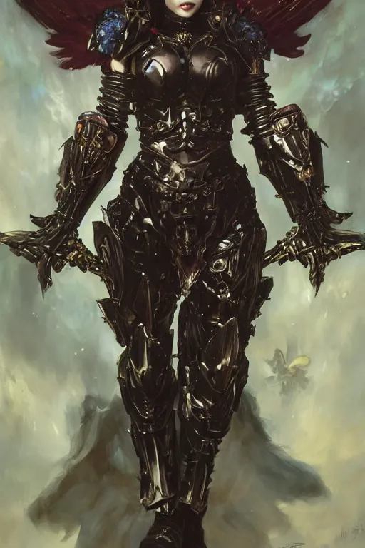 Prompt: Gothic angelic woman in armor from warhammer 40000, elegant, vibrant, dark fantasy, intricate, smooth, artstation, painted by edgar maxence, greg rutowski, ross tran, artgerm