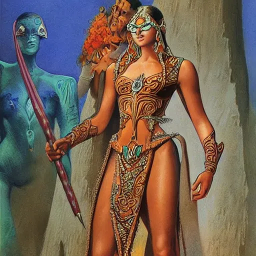 Image similar to alluring byzantine aztec concubine dressed in gauze, science fiction concept art by boris vallejo