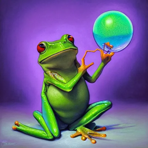 Prompt: long shot of a very cute frog playing with a rainbow glas balls, concept art, by esao andrews, by m. w. kaluta, volumetric light, surrealism, rich colors, very humorous!!! oil painting, realistic reflections, smooth, depth perception, high depth of field, 4 k, unreal engine 5, ultradetailed, hyperrealistic, artstation