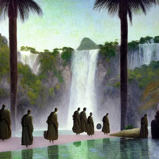 Image similar to a ultradetailed beautiful painting of monks standing in front of the diamonds waterfall in the amazonas palace balustrade designed by jules bastien - lepage, tarsila do amaral, frank weston and gustave baumann, beach, trending on artstation, mediterranean, palm trees, sharp focus, soft light, 8 k 4 k