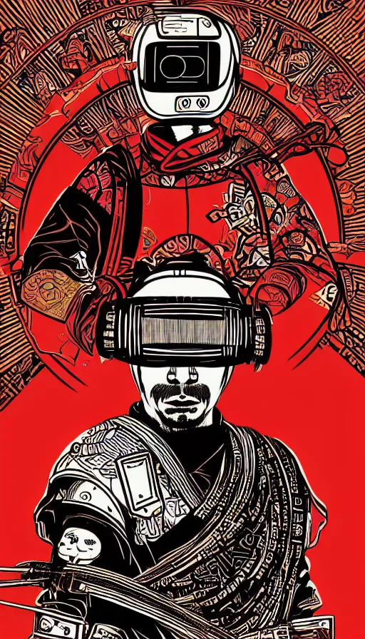 Prompt: !dream Illustrated by Shepard Fairey and H.R. Geiger | Cyberpunk Samurai with VR helmet, surrounded by cables