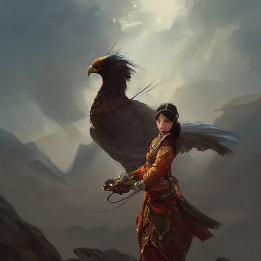 Image similar to asian woman holding an eagle on a horse, greg rutkowski, fantasy, intricate, elegant, highly detailed, digital painting, artstation, concept art, long shot, cinematic lighting