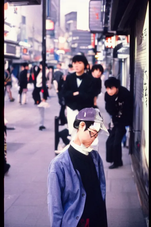 Image similar to street photography of a young japanese man in 9 0 s fashion, in tokyo shinjuku, shot on cinestill 5 0 d with a canon 3 5 mm at f / 5. 6 lens, haruto hoshi, yang seung - woo, saul leiter