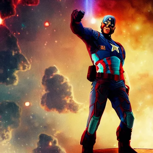 Image similar to of elon musk as captain america, iridescent, beautiful, technological, galactic, hyper-detailed, mega-detailed, realistic, cinematic, octane render, concept art, dark, cosmic, ominous, dramatic, lovecraftian, symmetric, swords, colorful and dark