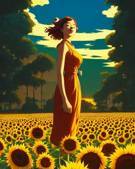 Image similar to sunflower girl, happy, scenery wallpaper aesthetic, cinematic, dramatic, super detailed and intricate, by koson ohara, by darwyn cooke, by greg rutkowski, by satoshi kon
