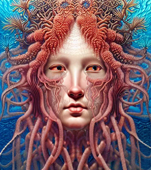 Image similar to hyperrealistic detailed underwater face portrait of the beautiful god of the jellyfish with an intricate headgear of corals, sea kelp, sea plants, fish, starfish, jellyfish, art by ernst haeckel, victor ngai, john william godward, android jones, neo - gothic - cyberpunk, ornamental, beautiful deep colours,