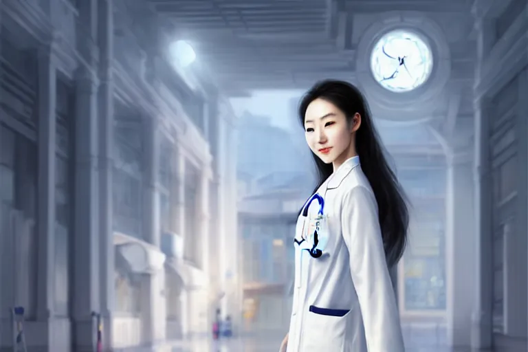 Prompt: an elegant and beautiful chinese female doctor like liying zhao in a white coat in front of a hospital building, cinematic, highly detailed, digital painting, artstation, concept art, matte, sharp focus, illustration, art by artgerm and greg rutkowski