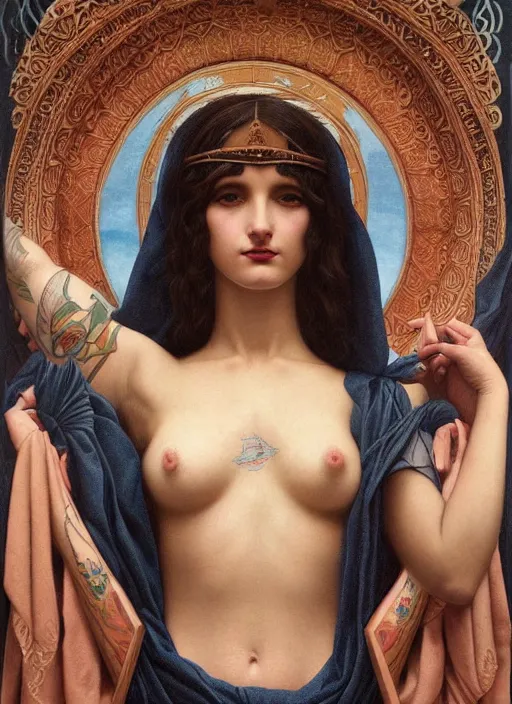 Image similar to single beautiful enlightened cult magic psychic woman with tattoos, tattooed skin, oil painting, robe, symmetrical face, greek dark ritual myth, realism by john william godward and anna dittman, masterpiece
