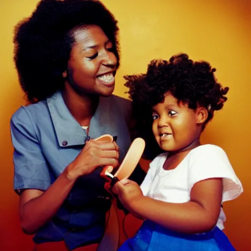 Image similar to afro woman brushing her daughter's hair, retro room, 8 0 s, nostalgic, disposable film