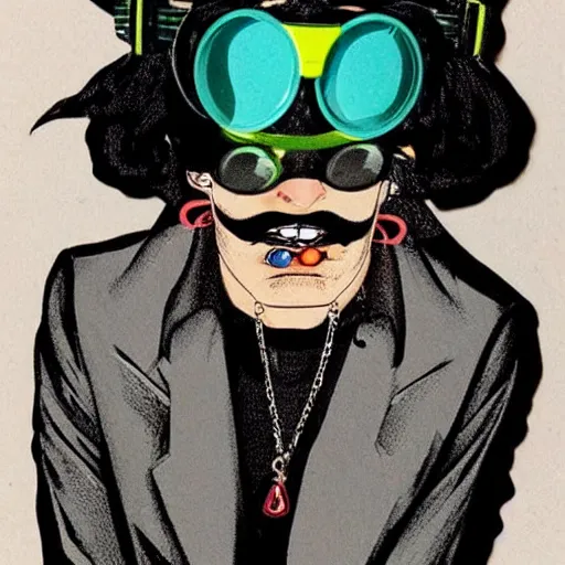 Image similar to a eccentric goth guy wearing goggles and eclectic jewelry, small details, aesthetic!!!, by jamie hewlett, jamie hewlett art,