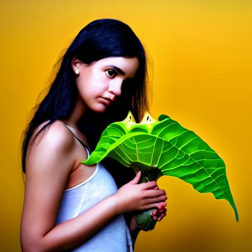 Prompt: beautiful girl with black hair, holding brugmansia flower, colour, dark scenery, sad