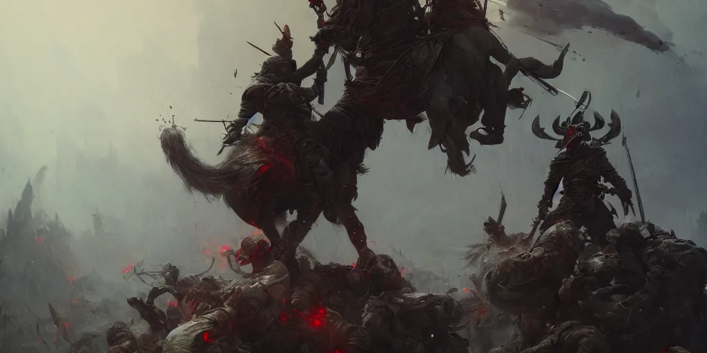 Image similar to the last warrior standing on the top of pile of skulls, the war has just ended, raining blood, extremely detailed digital painting, in the style of fenghua zhong and ruan jia and jeremy lipking and peter mohrbacher, mystical colors, rim light, beautiful lighting, 8 k, stunning scene, raytracing, octane, trending on artstation