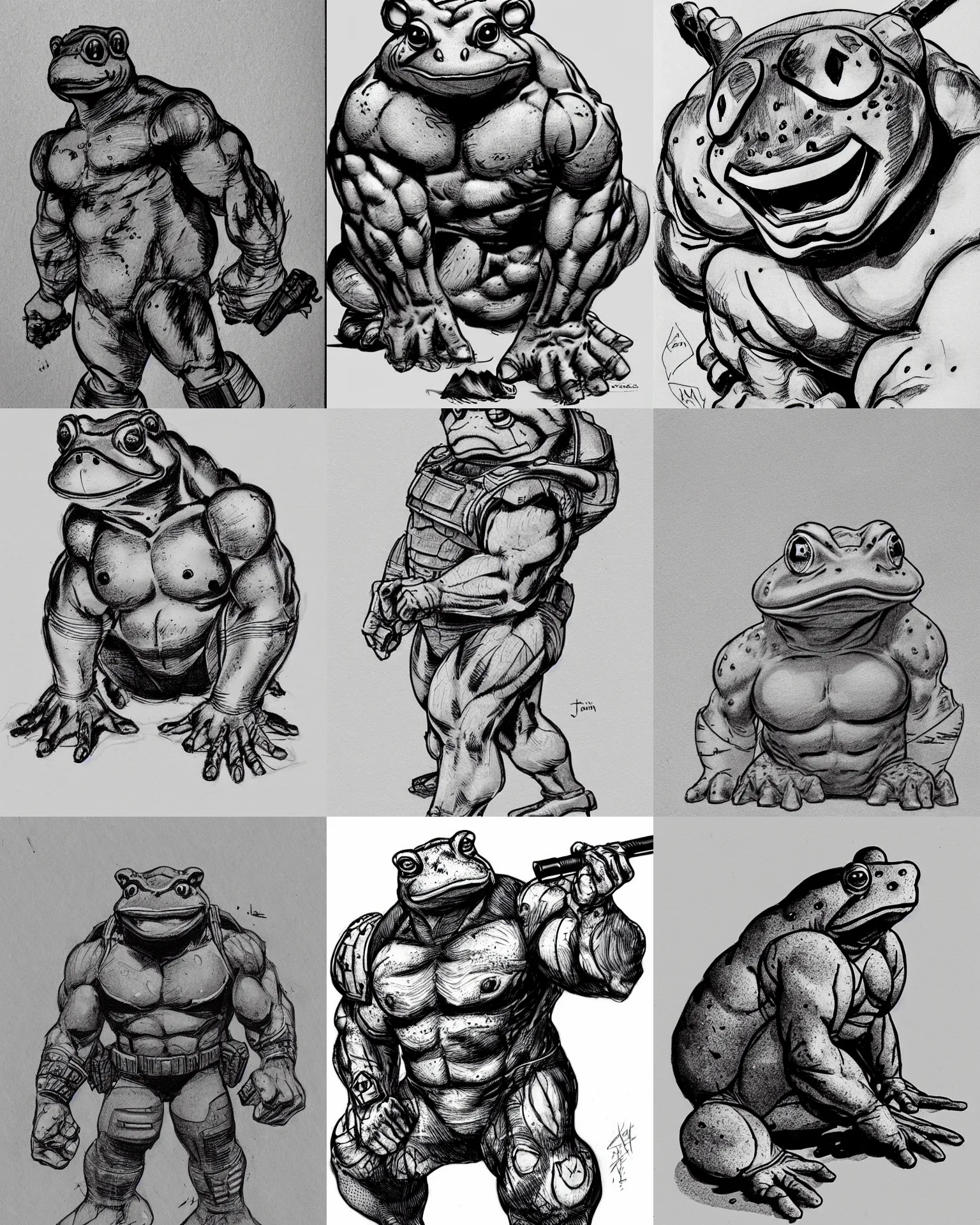 Prompt: toad animal!!! jim lee!!! medium shot!! flat grayscale ink sketch by jim lee close up in the style of jim lee, depressed dramatic bicep pose, swat soldier armor borderlands hulk toad animal looks at the camera by jim lee