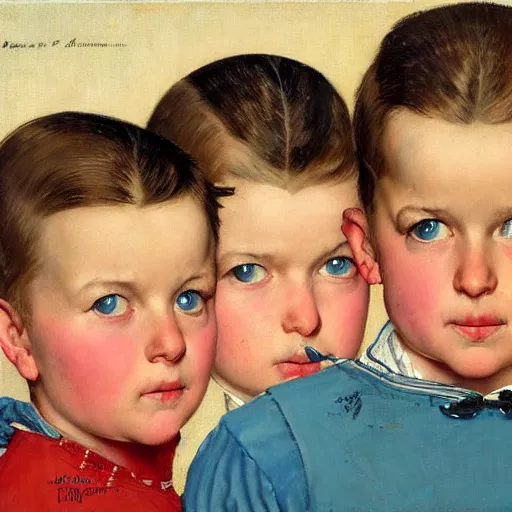 Image similar to Frontal portrait of adult triplets with ice blue eyes. Painting by Norman Rockwell.