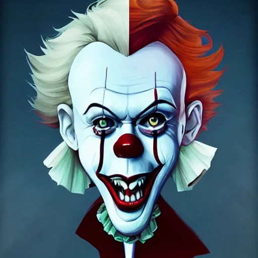 Prompt: Stephen King as Pennywise, it really looks like a charicature of stephen king, ambient lighting, 4k, anime key visual, lois van baarle, ilya kuvshinov, rossdraws, artstation