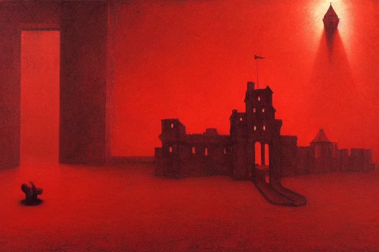 Image similar to only with red, in a red dream world, a crimson tiger, a castle in the background, medieval demons, an ancient path in the style of beksinski, part by hopper, part by rodcenko, part by hofbauer, intricate composition, red by caravaggio, insanely quality, highly detailed, masterpiece, red light, artstation