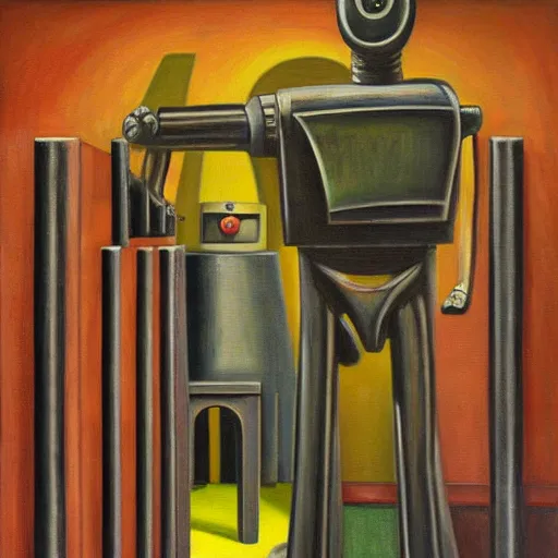 Prompt: robot judge, guards, chambers, brutalist, dystopian, pj crook, edward hopper, oil on canvas