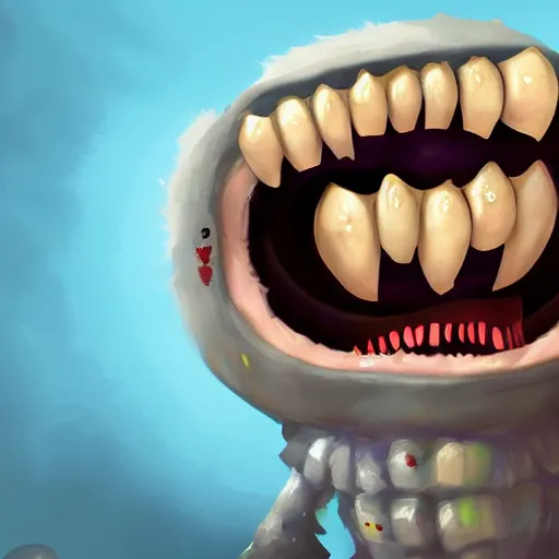 Image similar to evil monster with gummy teeth. Scary. Eating kids. Smiley face. High details, digital painting, artstation, 4k.