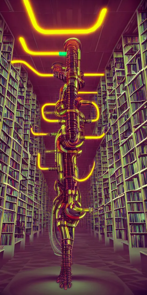 Prompt: A frightening evil connected cyborg with pipes and tubes in a library, hyperealistic very colourful hdr cinematic lighting cgi render photorealistic cinematic octane render