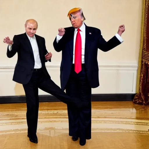 Image similar to Donald Trump and Vladimir Putin dancing to hip hop music