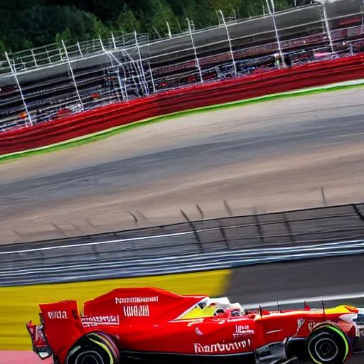 Image similar to lightning mcqueen from the movie cars driving in a formula one race on spa francorchamps, f 1, cars, highly detailed, golden hour,