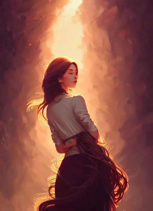 Image similar to handsome young women with shoulder length brown hair, half body shot, path traced, highly detailed, high quality, digital painting, alena aenami, lilia alvarado, shinji aramaki, karol bak, alphonse mucha, tom bagshaw