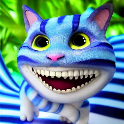 Prompt: cute blue striped cheshire cat. an adorable cat with light blue stripes, blue eyes and a big mischievous smile. stunning digital art by eva balloon. fluffy, soft