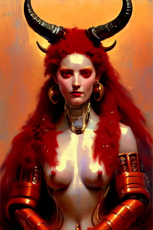 Image similar to painted close - up portrait of a very attractive red - skinned intimidating demon robot humanoid girl with ram horns! oil painting, wearing a noblewoman's outfit, fantasy art by john singer sargent and gaston bussiere and james jean and greg rutkowski, demon noble character design, hd