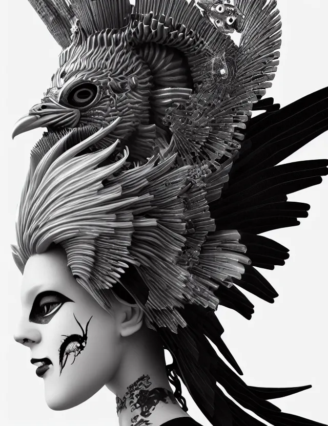 Image similar to 3 d goddess close - up profile simple portrait punk with mohawk with ram skull. beautiful intricately detailed japanese crow kitsune mask and clasical japanese kimono. betta fish, jellyfish phoenix, bio luminescent, plasma, ice, water, wind, creature, artwork by tooth wu and wlop and beeple and greg rutkowski