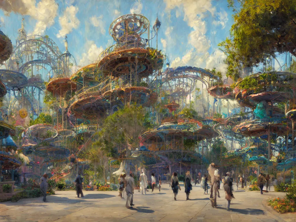 Image similar to impressionist brushstrokes!!!! solomon joseph solomon and richard schmid and jeremy lipking victorian loose genre loose painting of a busy elaborate ornate outdoor sci - fi park, cinematic, shadows, partly cloudy day, 4 k, detailed, by zaha hadid and peter jackson and ridley scott and beeple and greg rutowski