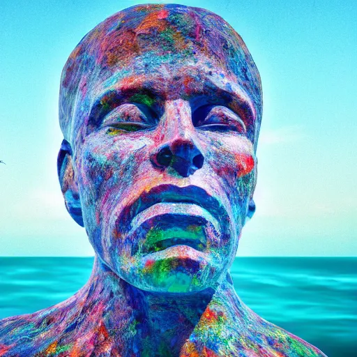 Image similar to a giant human head sculpture in the sea made out of juicy and transparent colorful jelly, long shot, hyper detailed, hyper realistic, ray tracing, 8 k resolution, sharp focus, realistic water, award winning