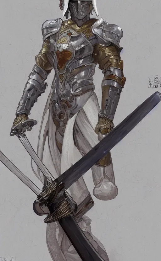 Image similar to a top view shot of a man in white futuristic armor, holding a katana , alphonse mucha , greg rutowski, illustration, science fiction, concept art, digital painting, fantasy, Trending on artstation