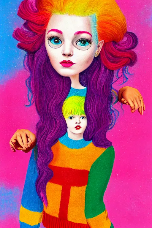 Image similar to an portrait of a girl with pink hair wearing a bright colorful retro sweater, evokes chrysalism painting by mark ryden, and lisa frank